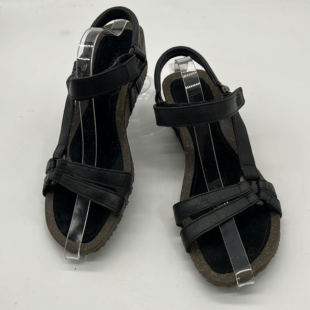 Teva Black Leather Strappy Sandals with Wedge Heel size 10